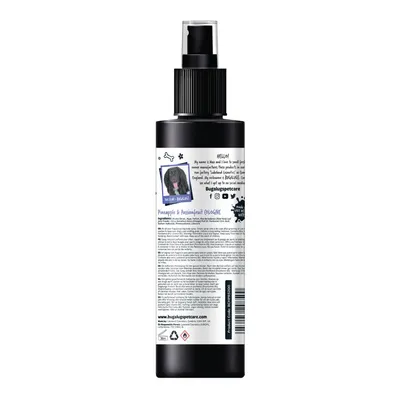 Back label of Pineapple & Passionfruit Cologne spray bottle showing ingredients, usage instructions, social media icons, and website address.