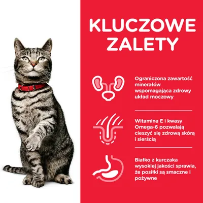 Kluczowe zalety: ograniczona zawartość minerałów wspomaga układ moczowy, witamina E i Omega-6 dla zdrowej skóry i sierści, białko z kurczaka zapewnia smak i wartości odżywcze.