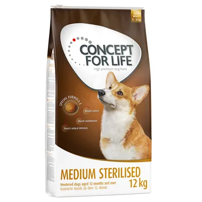 Concept for Life Medium Sterilised, 12 kg. Speciel formel: vægtkontrol, muskelpleje, styrker naturlige forsvar. Til steriliserede hunde fra 12 måneder, vægt 11-25 kg.