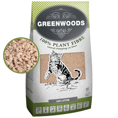 GREENWOODS 100% PLANT FIBRE natural clumping cat litter, illustration af kat, gennemsigtigt vindue med synligt grus, pose på 12,9 kg/30L. Rundt udsnit viser grusets struktur.
