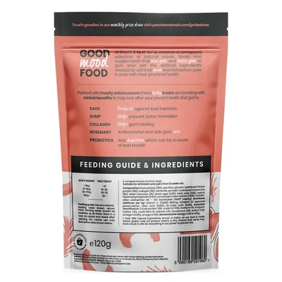Product packaging showing feeding guide, ingredients list, and benefits of sage, shrimp, collagen, rosemary, and probiotics for teeth and gum health. 120g pack.