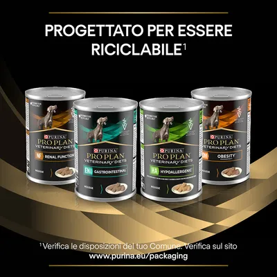 Quattro lattine Purina Pro Plan Veterinary Diets: NF Renal Function, EN Gastrointestinal, HA Hypoallergenic, OM Obesity. Testo: Progettato per essere riciclabile.