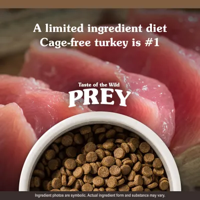 Teksti englanniksi: A limited ingredient diet. Cage-free turkey is #1. Taste of the Wild PREY.