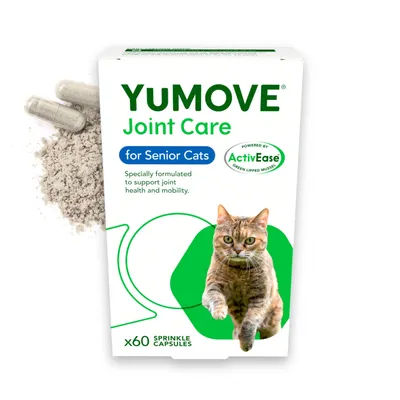 YuMOVE Joint Care for Senior Cats, ActivEase, 60 sprinkle capsules. Specially formulated to support joint health and mobility. Image shows box, cat photo, open capsules with powder.
