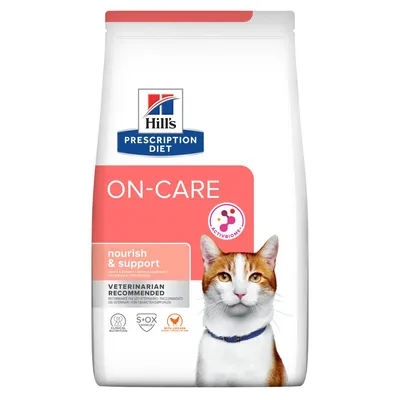 Hill's Prescription Diet ON-CARE kattenvoer, tekst: nourish & support, ACTIVBIOME+, veterinarian recommended, klinische voeding, S+OX Shield, harticoon met pootafdruk.