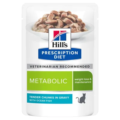 Hill's Prescription Diet Metabolic, tender chunks in gravy with ocean fish, weight loss & maintenance, saszetka z kawałkami w sosie, widoczny kot i tekst: veterinarian recommended.