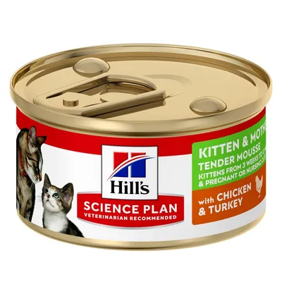 Boîte Hill's Science Plan Kitten & Mother Tender Mousse, with Chicken & Turkey, texte en anglais, images de deux chats sur l’étiquette.