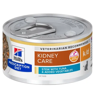 Boîte Hill's Prescription Diet Kidney Care k/d, stew with tuna & added vegetables, recommandé par les vétérinaires, ActivBiome+ Kidney Defense, aliment pour chat visible sur l’étiquette.