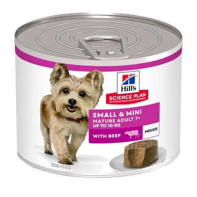 Hill's Science Plan Small & Mini Mature Adult 7+ up to 10 kg with beef mousse, cibo umido per cani, barattolo con immagine di cane e porzione di mousse visibile sull'etichetta.