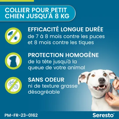 Seresto collier pour petit chien jusqu’à 8 kg. Efficacité longue durée : 7–8 mois contre les puces, 8 mois contre les tiques. Protection homogène. Sans odeur ni texture grasse désagréable.