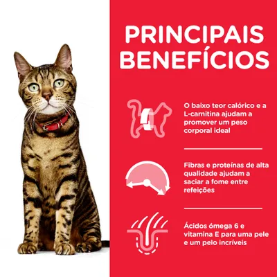 Principais benefícios: baixo teor calórico e L-carnitina para peso ideal, fibras e proteínas saciantes, ácidos ómega 6 e vitamina E para pele e pelo. Gato ao lado do texto.