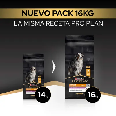 Nuevo paquete de 16, kg Purina Pro Plan Medium & Large Adult Age Defence, anteriormente 14, kg. Misma receta, nuevo paquete más grande. Nuevo paquete de 16, kg Purina Pro Plan Medium & Large Adult Age Defence, anteriormente 14, kg. Misma receta, nuevo paquete más grande.
