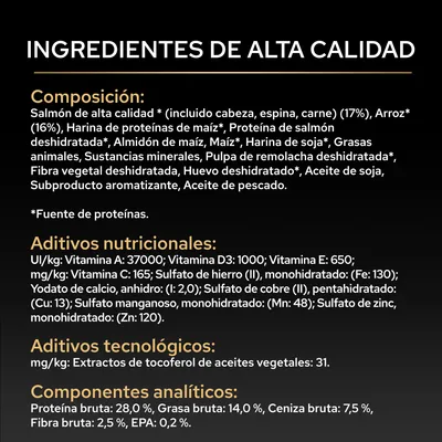 Lista de ingredientes y valores analíticos: Salmón de alta calidad, arroz, proteína de maíz, proteína de soja, vitaminas A, D3, E, C, minerales, tocoferoles, proteína 28%, grasa 14%, fibra bruta 2,5%. Lista de ingredientes y valores analíticos: Salmón de alta calidad, arroz, proteína de maíz, proteína de soja, vitaminas A, D3, E, C, minerales, tocoferoles, proteína 28%, grasa 14%, fibra bruta 2,5%.