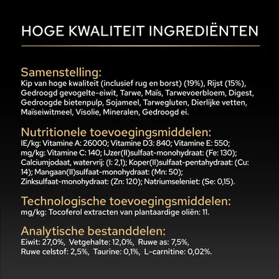 Samenstelling: Kip, rijst, gevogelte-eiwit, tarwe, maïs, bietenpulp, sojameel. Analytische bestanddelen: Eiwit 27%, vet 12%, ruwe as 7,5%, taurine 0,1%, L-carnitine 0,02%.