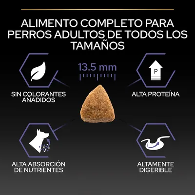 Alimento completo para perros adultos de todos los tamaños. Sin colorantes añadidos, alta proteína, alta absorción de nutrientes, altamente digerible. Tamaño de croqueta: 13,5 mm.