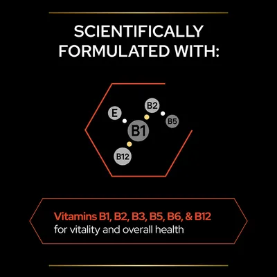 Scientifically formulated with: Vitamins B1, B2, B3, B5, B6, B12 and E for vitality and overall health. Text in English.