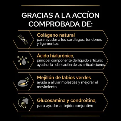 Gracias a la acción comprobada de: colágeno natural, ácido hialurónico, mejillón de labios verdes, glucosamina y condroitina. Texto en español.