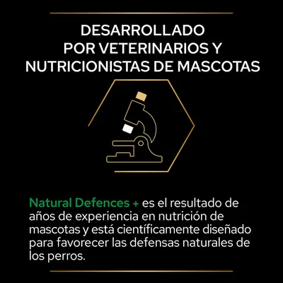 Desarrollado por veterinarios y nutricionistas de mascotas. Natural Defences + favorece las defensas naturales de los perros según experiencia científica en nutrición de mascotas.