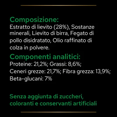 Composizione: estratto di lievito 28%, sostanze minerali, lievito di birra, fegato di pollo disidratato, olio raffinato di colza. Proteine 21,2%, grassi 8,6%, fibre 13,9%. Senza zuccheri aggiunti.