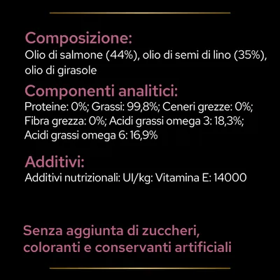 Composizione: olio di salmone 44%, olio di semi di lino 35%, olio di girasole. Grassi 99,8%, omega 3 18,3%, omega 6 16,9%. Vitamina E 14000 UI/kg. Senza zuccheri, coloranti o conservanti artificiali.