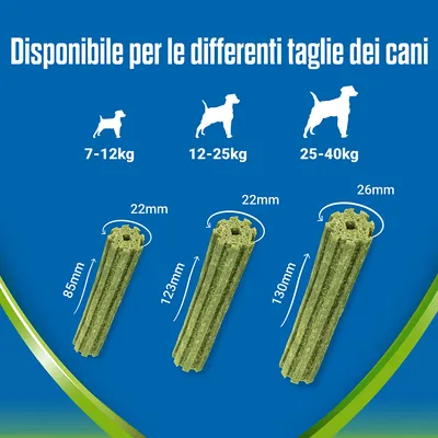 Disponibile per cani 7–12 kg (85×22 mm), 12–25 kg (123×22 mm), 25–40 kg (130×26 mm); immagine di tre snack verdi con misure indicate.