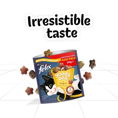 Felix goody bag original maxi pack, 200g, with text 'Irresistible taste' and treats shown around the pouch. Label states 2 kcal per treat and same weight, smaller pouch.