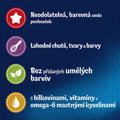 Neodolatelná, barevná směs pochoutek. Lahodné chutě, tvary a barvy. Bez přidaných umělých barviv. S bílkovinami, vitamíny a omega-6 mastnými kyselinami.