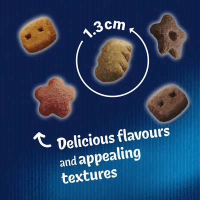 Kibble pieces in various shapes and textures, with text stating '1.3cm', 'Delicious flavours and appealing textures'.