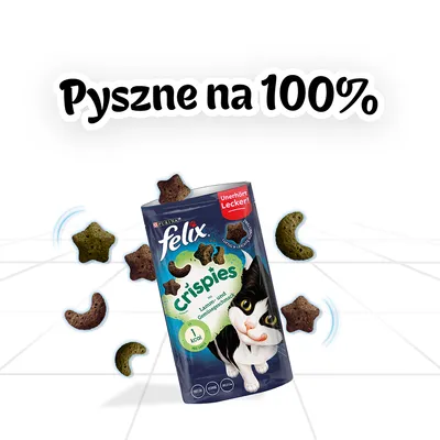 Felix Crispies, opakowanie przysmaków dla kota. Widoczny tekst: Pyszne na 100 %, Unerhört Lecker!, 1 kcal. Przysmaki w kształcie gwiazdek i półksiężyców.