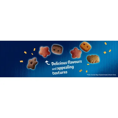 Assorted treats with the text: Delicious flavours and appealing textures. Felix Goody Bag Original treats shown.