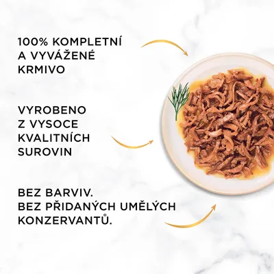 100% kompletní a vyvážené krmivo. Vyrobeno z vysoce kvalitních surovin. Bez barviv. Bez přidaných umělých konzervantů. Miska s masovým krmivem.