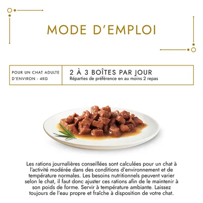 Mode d’emploi : pour un chat adulte d’environ 4 kg, 2 à 3 boîtes par jour réparties en au moins 2 repas. Assiette de nourriture humide pour chat visible.
