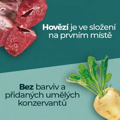 Text v češtine: Hovězí je ve složení na prvním místě. Bez barviv a přidaných umělých konzervantů.