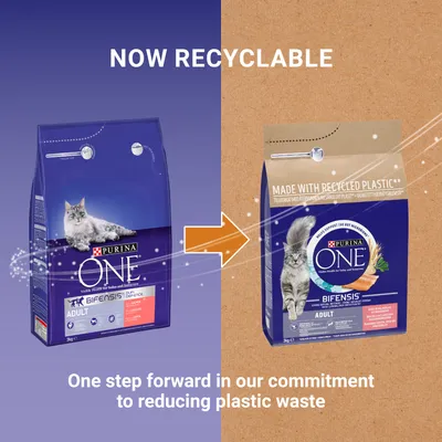 Purina One packaging change to recyclable material with message: Now recyclable. Made with recycled plastic. One step forward in our commitment to reducing plastic waste.