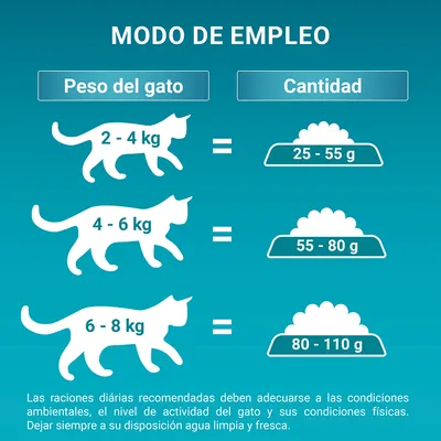 Tabla de raciones diarias para gatos: 2–4 kg, 25–55 g; 4–6 kg, 55–80 g; 6–8 kg, 80–110 g. Recomendación de agua limpia y fresca siempre disponible.