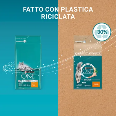 Due confezioni di Purina ONE Bifensis Adult per gatti, una verde e una marrone con scritta 'Fatto con plastica riciclata' e simbolo riciclo 30% in alto a destra.