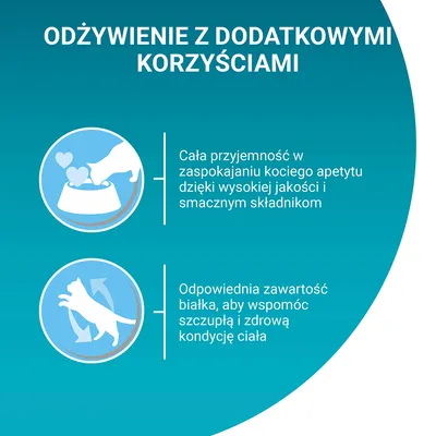 ODŻYWIENIE Z DODATKOWYMI KORZYŚCIAMI. Cała przyjemność w zaspokajaniu kociego apetytu dzięki wysokiej jakości i smacznym składnikom. Odpowiednia zawartość białka, aby wspomóc szczupłą i zdrową kondycję ciała.