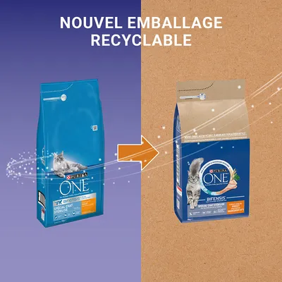 Comparaison de l’ancien et du nouvel emballage recyclable Purina ONE Bifensis Spécial Chat Stérilisé, poulet comme ingrédient n°1, visible sur les deux paquets.