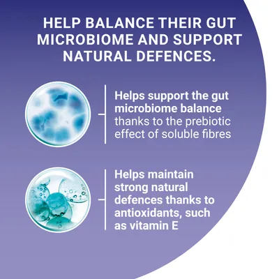 Helps balance gut microbiome and support natural defences. Supports gut microbiome with soluble fibres and maintains strong defences with antioxidants like vitamin E.