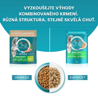 Purina ONE Indoor Formula pre mačky: balenie granúl 750 g, kapsička 85 g, miska s granulami a kapsičkou. Text v češtine: Vyzkoušejte výhody kombinovaného krmení.