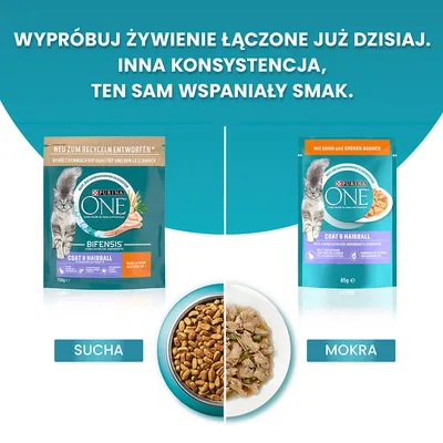 Purina One Coat & Hairball karma dla kotów: po lewej opakowanie suchej karmy 750 g, po prawej mokrej 85 g. Na dole miska z suchą i mokrą karmą, napisy: SUCHa, MOKRA.