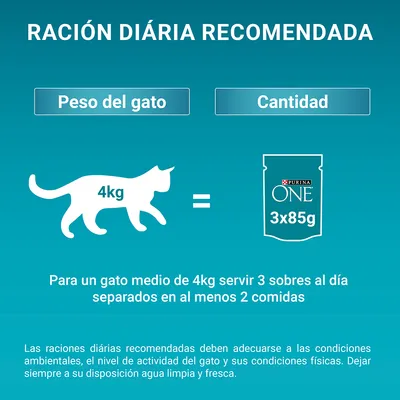 Ración diaria recomendada: para un gato de 4 kg, servir 3 sobres Purina ONE de 85 g al día, repartidos en al menos 2 comidas. Asegurar siempre agua limpia y fresca.