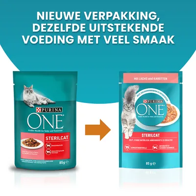 Nieuwe verpakking Purina ONE Sterilcat 85 g kattenvoer, zelfde voeding. Links oude verpakking, rechts nieuwe verpakking met zalm en wortelen, beide met kat en productnaam zichtbaar.