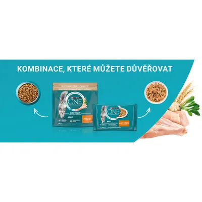 PURINA ONE BIFENSIS ADULT suché a mokré krmivo pre mačky, zobrazené balenia s miskami granúl a kúskov mäsa. Text v češtine: KOMBINACE, KTERÉ MŮŽETE DŮVĚŘOVAT.