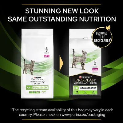 Purina Pro Plan Veterinary Diets HA Hypoallergenic macskaeledel régi és új csomagolása, mindkettőn zöld-fehér dizájn, macskakép, isfm logó, új csomag: Designed to be recyclable
