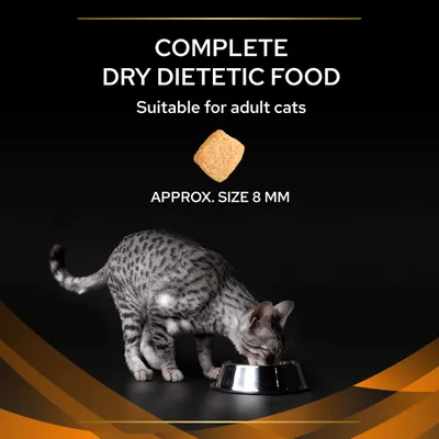 Complete dry dietetic food, suitable for adult cats. Approx. size 8 mm shown. Grey spotted cat eating from a metal bowl.