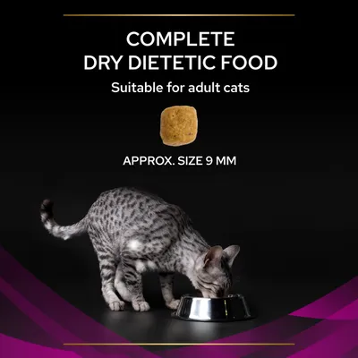 Complete dry dietetic food for adult cats, showing a single kibble piece approximately 9 mm in size and a cat eating from a bowl.