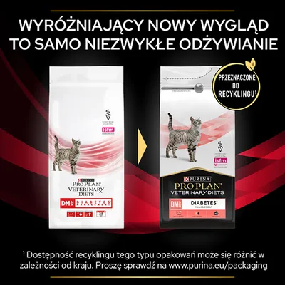 Porównanie starego i nowego opakowania karmy PURINA PRO PLAN VETERINARY DIETS DM Diabetes Management dla kotów; informacja: przeznaczone do recyklingu.
