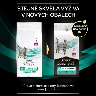PURINA PRO PLAN VETERINARY DIETS EN Gastrointestinal pre mačky, starý a nový obal. Text v češtine: Stejně skvělá výživa v nových obalech, navrženo jako recyklovatelný obal.