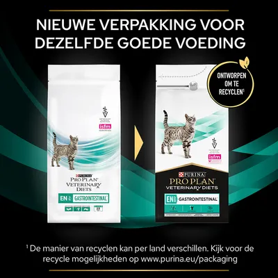 Vergelijking oude en nieuwe verpakking Purina Pro Plan Veterinary Diets EN Gastrointestinal kattenvoer, beide met recycle-informatie en ISFM-keurmerk zichtbaar.